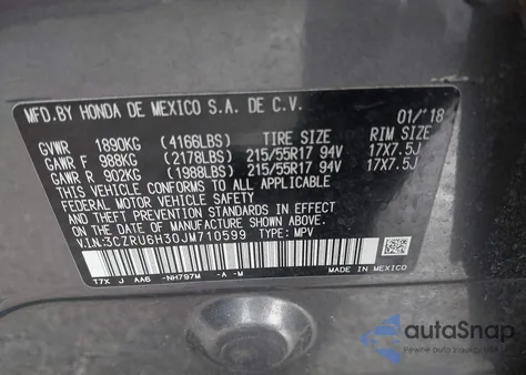 2018 Honda Hr-V Lx z USA, uszkodzony, nr VIN 3CZRU6H30JM710599